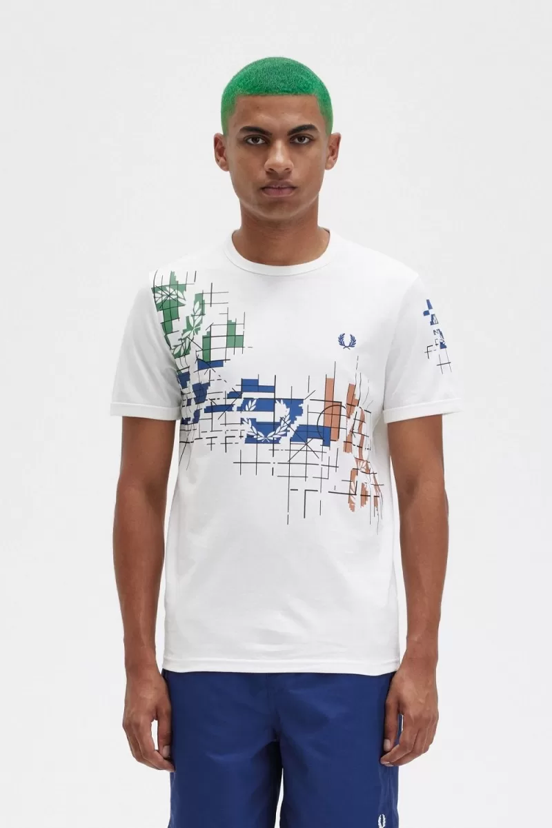 Fred Perry Grid Print Mens T Shirt Snow White NCOWG1024 - Fred Perry Grid Print Men's T-Shirt Snow White | NCOWG1024