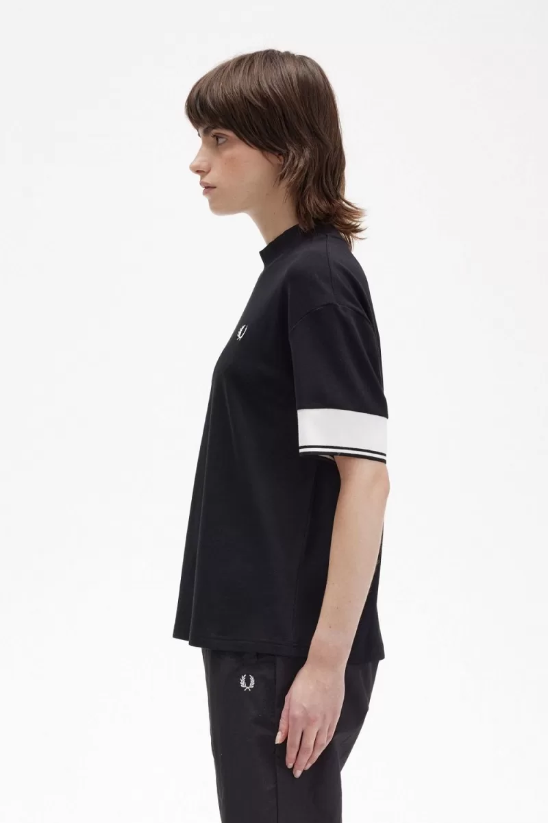 Fred Perry Tipped Cuff Pique Womens T Shirt Black XCUPW4625 1 - Fred Perry Tipped Cuff Piqué Women's T-Shirt Black | XCUPW4625