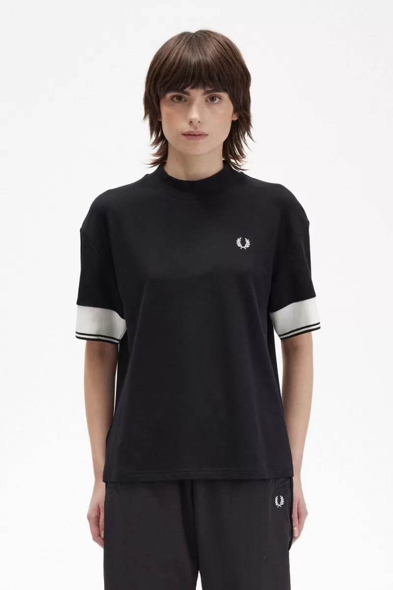 Fred Perry Tipped Cuff Pique Womens T Shirt Black XCUPW4625 - Fred Perry Tipped Cuff Piqué Women's T-Shirt Black | XCUPW4625