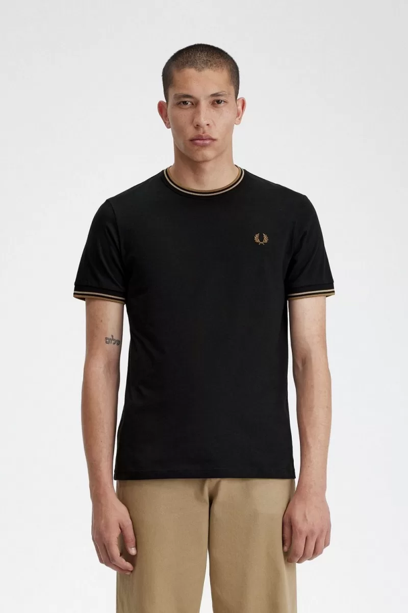 Fred Perry Twin Tipped Mens T Shirt Black Green Brown JLIVD0639 - Fred Perry Twin Tipped Men's T-Shirt Black Green Brown | JLIVD0639